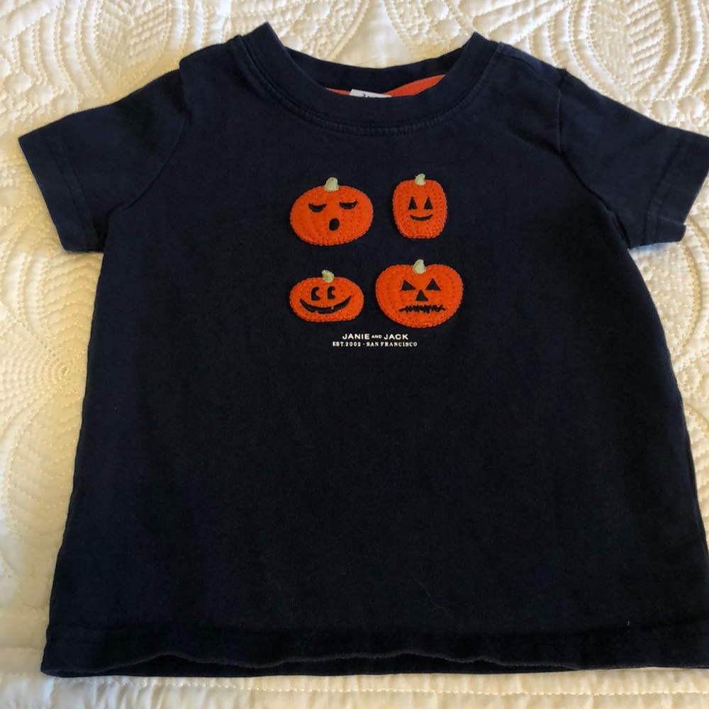 Gently used Janie and Jack navy blue pumpkin t-shirt size 3-6 months
